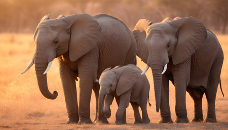 African Elephant Family of Five at Sunsetの素材