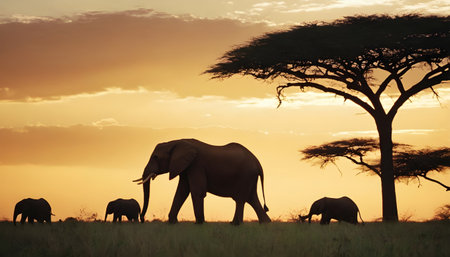 Adorable African Elephant Family of Five at Sunsetの素材