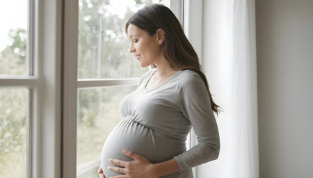 Affectionate pregnant woman looking through windowの素材