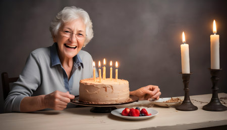 Aged individual celebrating with cake and candles, active seniors lifestyle imagesの素材