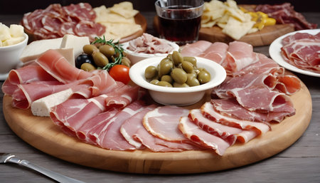 Antipasto platter cold meat plate with grissini bread sticks, Prosciutto crudo, Salami and Coppa Sausage.  Isolated, white background.の素材