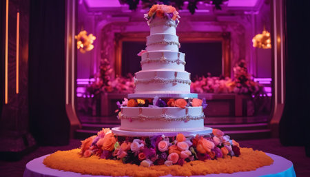 A multi-tiered wedding cake in the banquet hall, decorated with fresh flowers. Preparation for the wedding celebration. Cutting the wedding cake.の素材