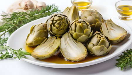 Appetizer Artichoke hearts pickled in olive oil with herbs and spices Isolated, white background.の素材