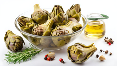 Appetizer Artichoke hearts pickled in olive oil with herbs and spices Isolated, white background.の素材