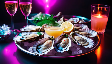Appetizing raw oysters with dill. On black rustic backgroundの素材
