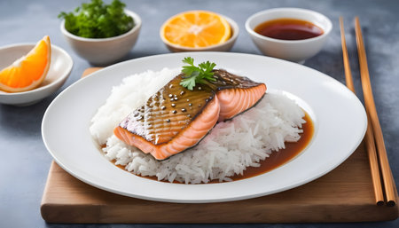 Asian food. Rice with a piece of salmon and soy sauce on a rustic background . Japanese cuisine table.の素材