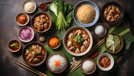 Asian food. A variety of ingredients for cooking Chinese or Thai food on a rustic background .の素材