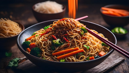 Asian food. Chinese noodles with vegetables and shrimp. On an old rustic background .の素材