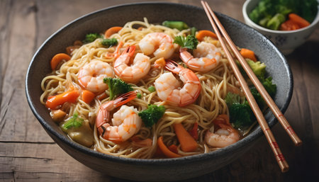 Asian food. Chinese noodles with vegetables and shrimp. On an old rustic background .の素材