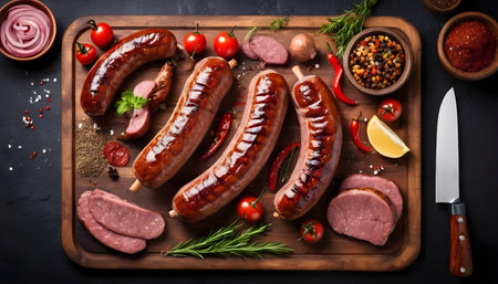 Assorted Raw pork and beef sausages on a butcher meat cleaver.  Isolated, white background.の素材