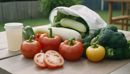 bag of fresh vegetable on modern backyard backgroundの素材