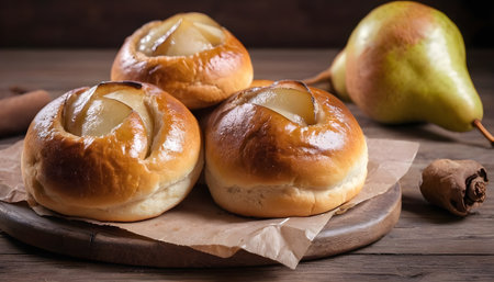 baked sweet homemade buns with pears inside, on a wooden table.の素材