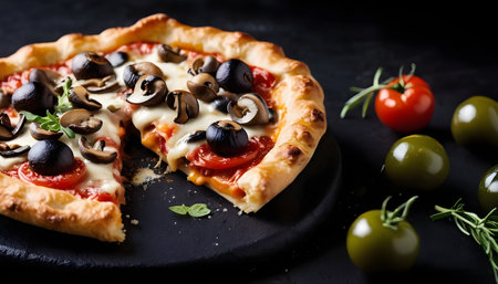 Baked Puff pastry tart pizza  with artichoke, mozzarella, tomatoes and cheese sliced on a wooden board.  Isolated, white backgroundの素材