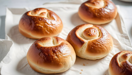baked sweet homemade buns on white backgroundの素材
