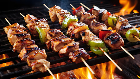 BBQ chicken shish kebab skewers, Shashlik with onion and spices. Black background. Top view.の素材