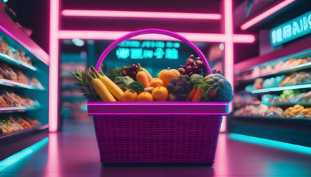 Basket filled healthy food.Shopping Mall conceptの素材