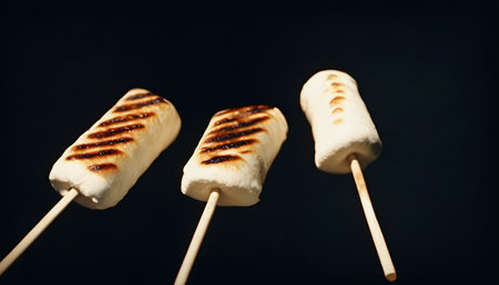 BBQ Grilled Marshmallow on the sticks. Isolated, white background.の素材