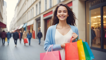 beauty woman with colorful shopping bagsの素材