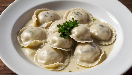 boiled dumplings with meat filling in a bowlの素材