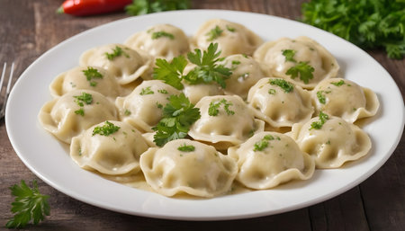 boiled dumplings with meat filling in a bowlの素材