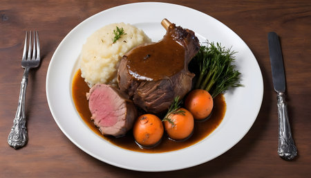 Braised lamb shank on the mashed potato in a plate. Isolated, white backgroundの素材
