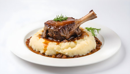 Braised lamb shank on the mashed potato in a plate. Isolated, white backgroundの素材