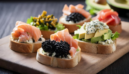 Bruschetta with Hot Smoked salmon, red caviar and herbs.  Isolated on white background, top viewの素材