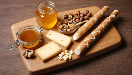cheese,grissini bread sticks, cheese,honey and nuts on wooden boardの素材