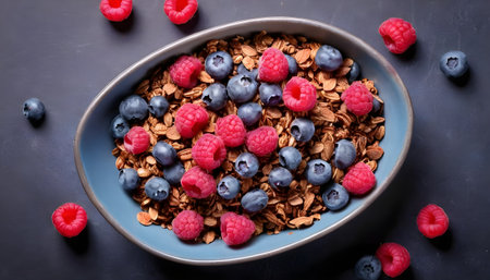 Chocolate Granola with raspberries and blueberries. top viewの素材