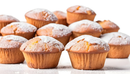 cooked sweet honey muffins in powdered sugar isolated on white backgroundの素材
