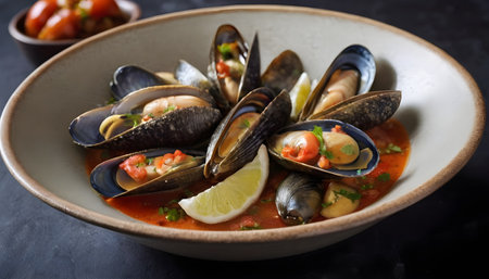 Delicious seafood mussels cooked in tomato sauce with garlic, herbs. Wooden background. Top view. Copy space.の素材