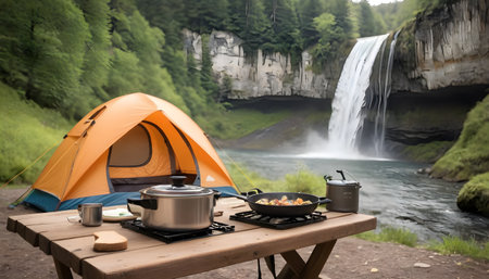 field tents in camping area at natural parklandの素材