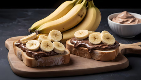Toasts bread with bananas and chocolate creamの素材