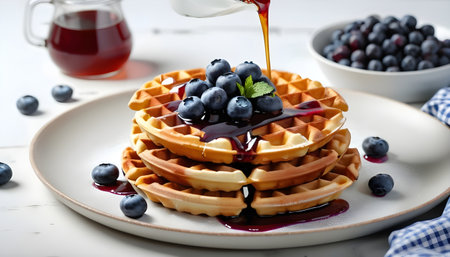 Fresh Belgian waffles with blueberry and Syrup in skillet.  Isolated on white background.の素材