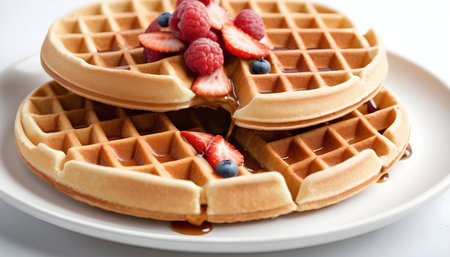 Cooking of fresh waffles in waffle maker.  Isolated on white backgroundの素材