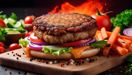 Fried cutlet for burger with vegetables and spices on wooden board Isolated, white backgroundの素材