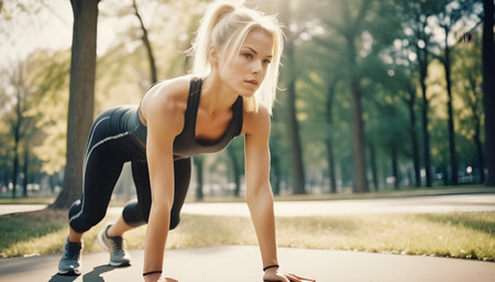 Girl doing a workout in the Park. Healthy lifestyle. Sports activities in the fresh air. Stretching. Muscle tone. Blonde woman in sports clothes black. Photo. The glare of the sun.の素材