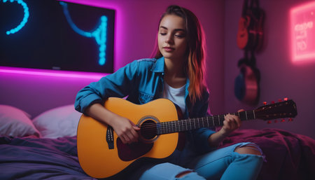 happy girl teenager in jeans and  shirt playing acoustic guitar at home bedroomの素材