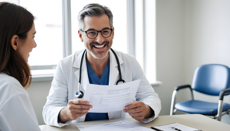 Happy doctor holding medical paperwork while communicating with patient during medical appointment at hospital.の素材