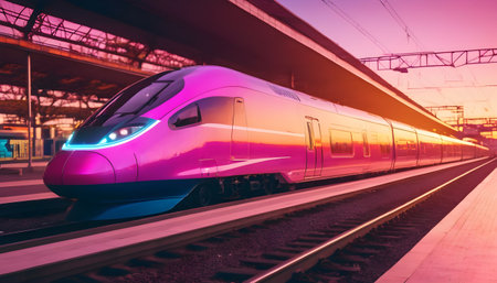 high speed train in motion on the railway station at colorful sunset. Blurred modern intercity trainの素材