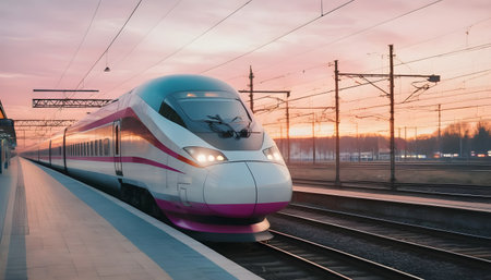 high speed train in motion on the railway station at colorful sunset. Blurred modern intercity trainの素材