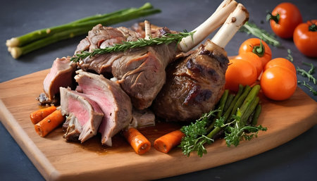 Leg of Lamb or Lamb Shank with vegetables on a cutting boardの素材