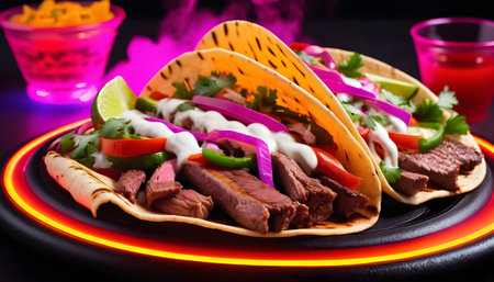Mexican fajitas for grilled beef steak and vegetables. Isolated, white background.の素材