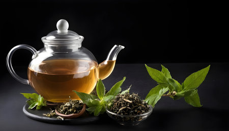 Mint tea.herbal tea in teapot on black backgroundの素材