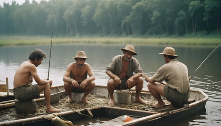 Men make preparations for fishingの素材