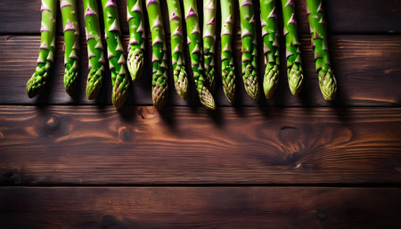 Organic green asparagus ready for cooking. Wooden background. Top view. Copy spaceの素材