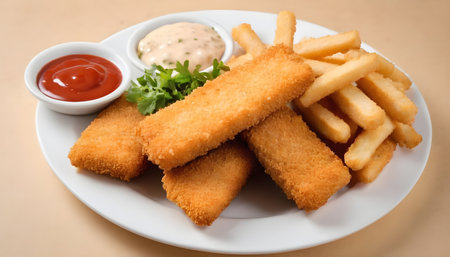 Oven baked crumbed fish sticks made from white fish. Isolated, white background.の素材