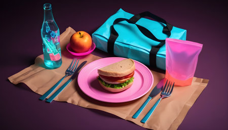 Paper bag with a picnic set: plate, fork, glass, napkins. Caring for the environment.Flatly.の素材