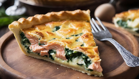 Quiche (pie) with salmon, spinach and soft cheese on a dark concrete background. Slice quiche.の素材