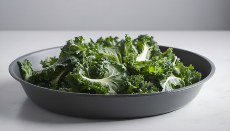 Raw Green Kale salad in a pan. Organic Vegetarian food. Isolated, white backgroundの素材